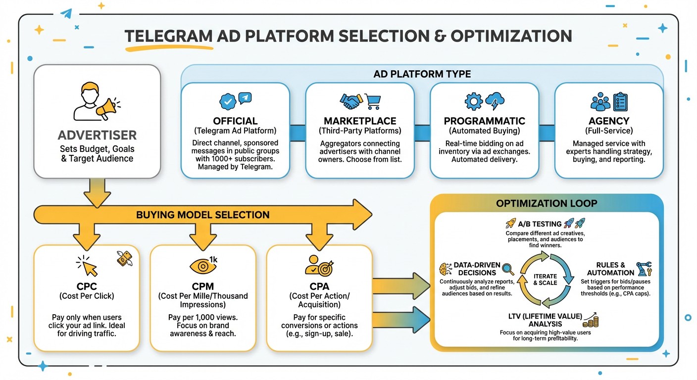 Flowchart illustrating the path from advertiser goals to Telegram ad platform type and optimization loop.