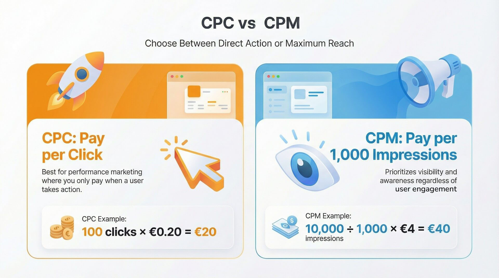 Infographic comparing CPC and CPM bidding models on Telegram with definitions and calculation examples.
