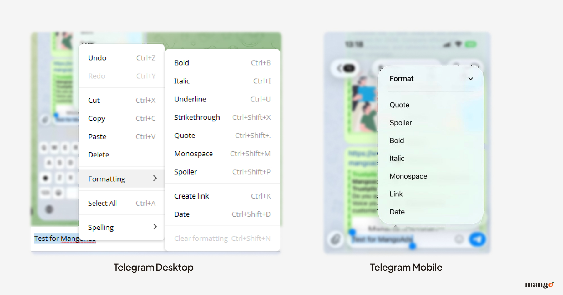 telegram formatting menu